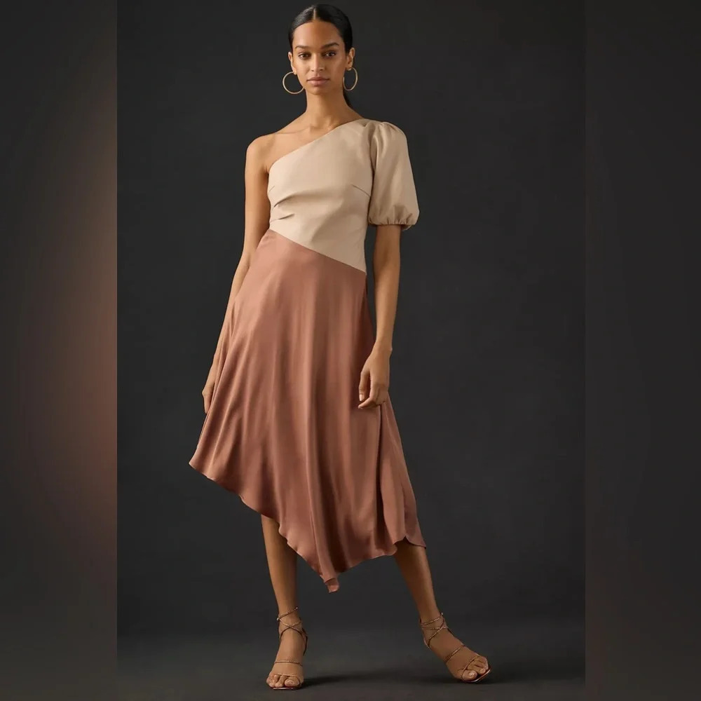 By Anthropologie Faux Leather One-Shoulder Asymmetrical Midi Dress